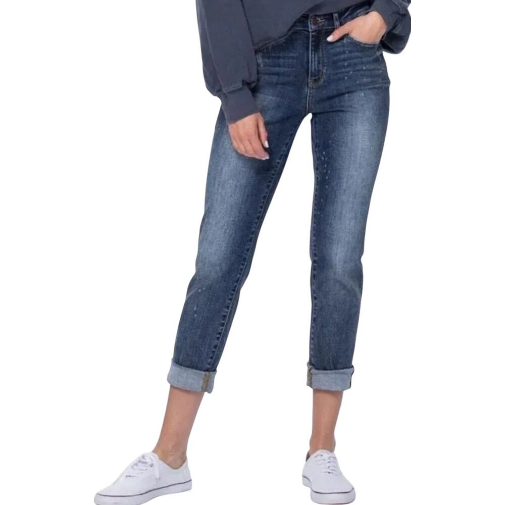 Judy Blue Bleach Splash Boyfriend Fit Jeans High Rise Denim Cuffed Blue 11/30